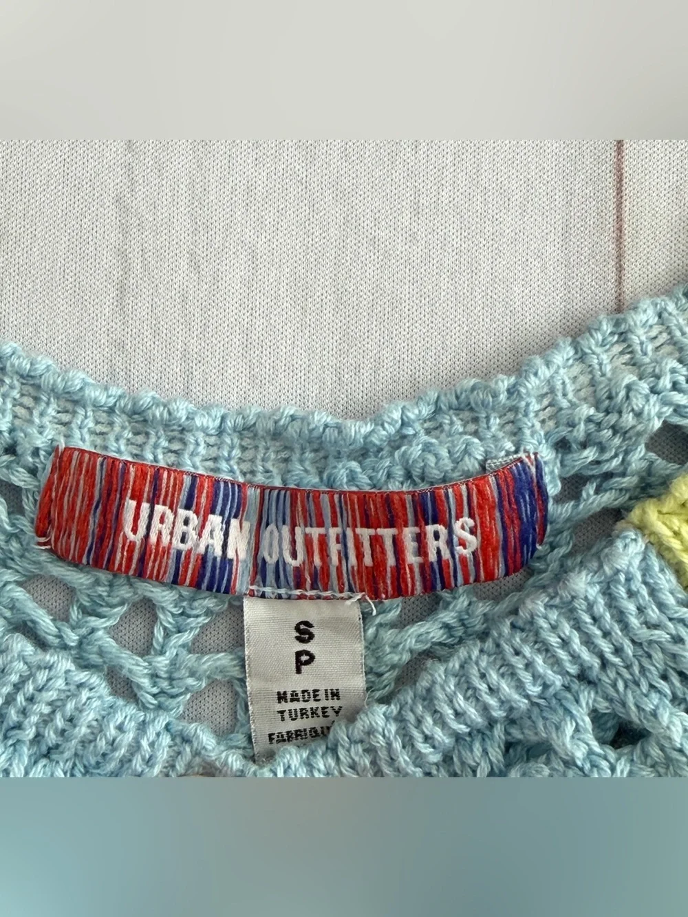 Urban Outfitters Open Knit Crochet Bell Sleeve Crop Sweater SP Boho Colorblock - Picture 3 of 9